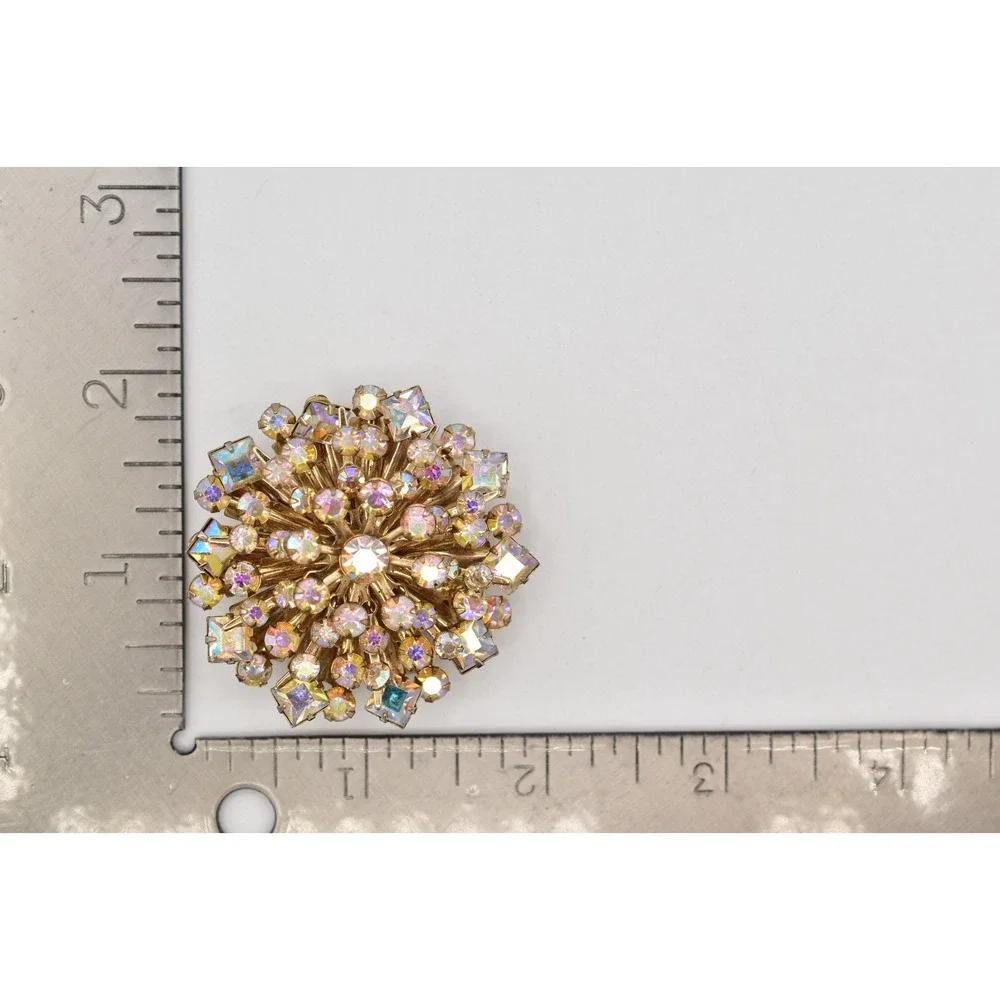 Vintage Crystal Starburst Flower Pin Brooch Aurora Borealis Rhinestone 60s BinBI